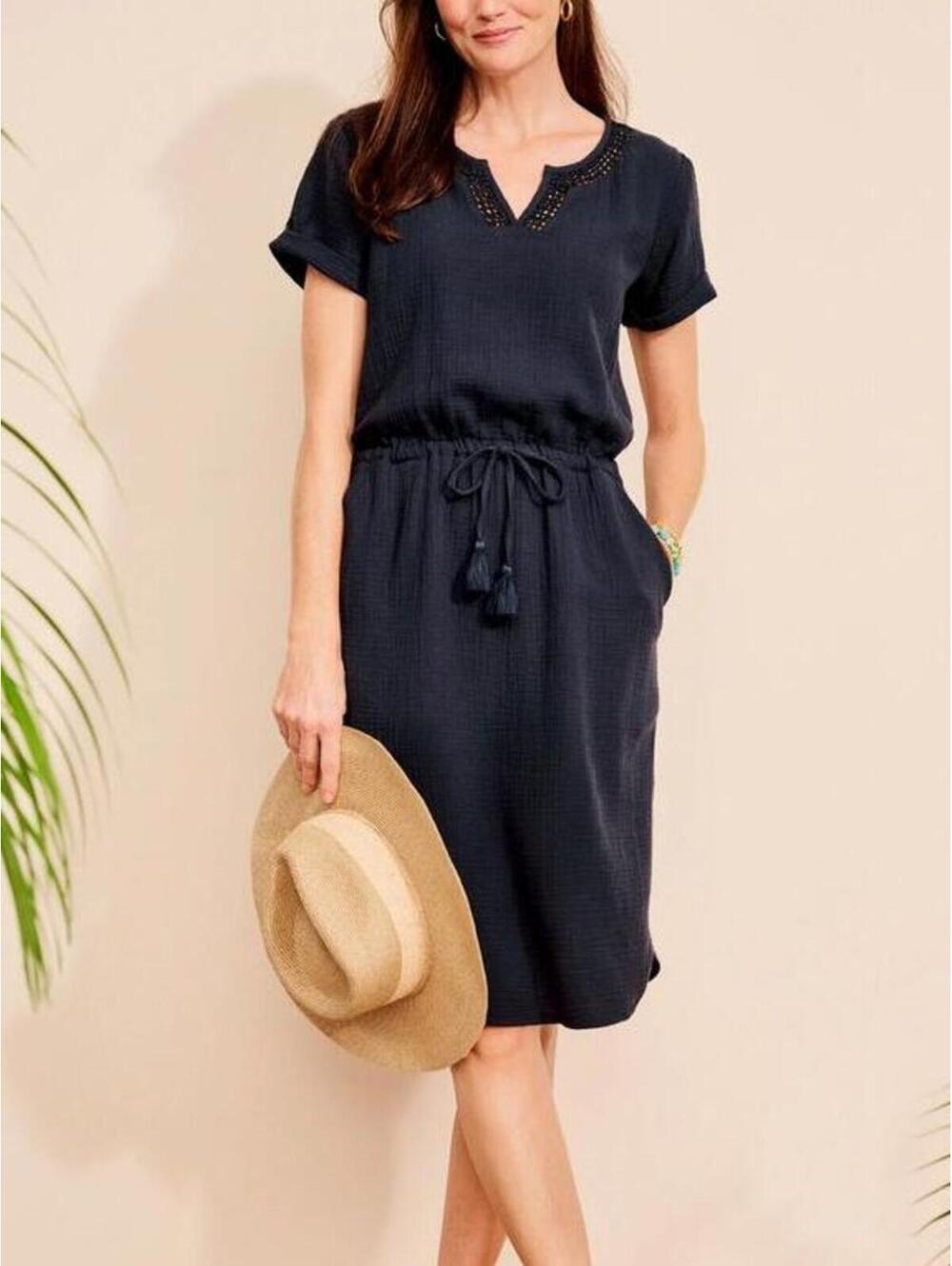 Talbots NWT Navy Blue Gauze Dress XL Crochet Trim Tie Waist Cotton Midi